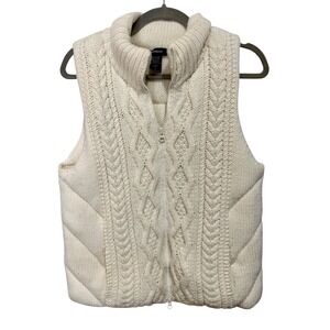 Express Cream Cable Knit‎ Puffer Vest Wool Blend Mock Neck Zip Up Womens Large